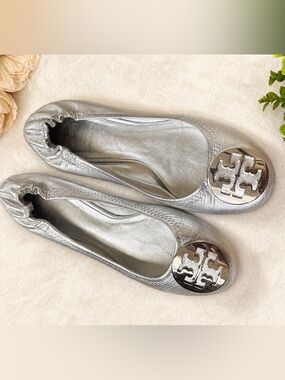 Tory Burch Metallic Silver Logo Ballet Flats